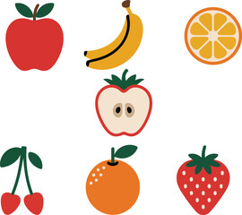 Red apple banana orange slice cut apple cherries orange strawberry flat icons yellow