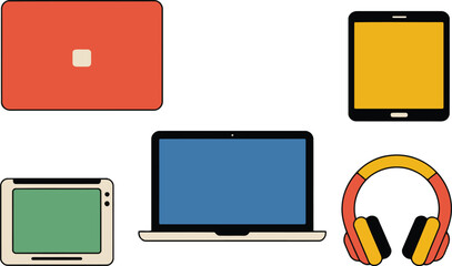 Red laptop tablet yellow tablet green tablet blue laptop headphones technology electronic