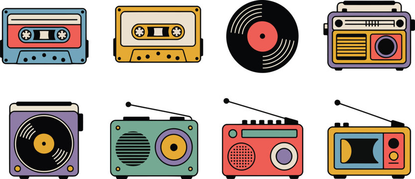 Retro audio devices and vinyl record collection with vintage aesthetic cassette tape