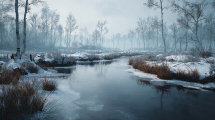 A winter landscape with a frozen swamp and trees,