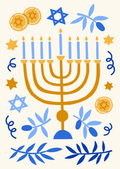 Modern Hanukkah vector card print. Cute jewish holidays illustrations of menorah, olives, coins, star of David