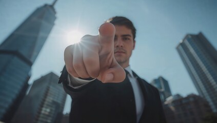 a business person in suit touching a futuristic virtual interface against skyscraper background