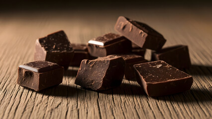 A delicious pile of dark chocolate pieces on a wooden surface