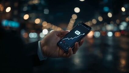 a person hand holding smartphone with financial data on screen, indicating a growing trend in investment or financial markets