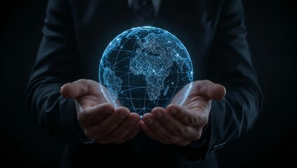 a person holding a digital globe, symbolizing global connections and technological advancements