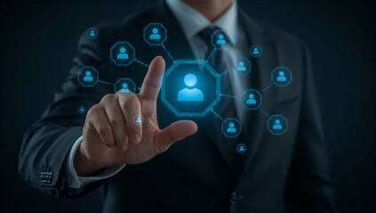 a professional's hand is shown connecting to social network. The background depicts interconnected icons, symbolizing digital networking and business relationships