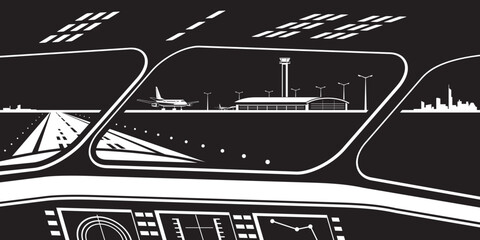 View to airport from the cockpit of the landing plane by night  &ndash; vector illustration