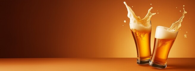 Two glasses of beer splashing with foam on orange background with copy space for drink promotion or advertising design template mockup concept.