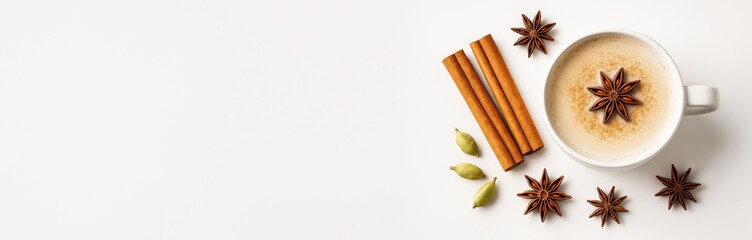 Cup of chai latte with star anise, cinnamon sticks, and cardamom pods on white background with copyspace for beverage or cafe template design use. Ai generative