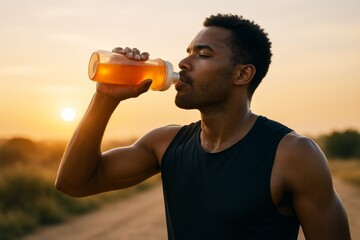 Athletic man drinking energy drink from bottle during outdoor workout at sunset with warm light and nature background concept of hydration health. Ai generative