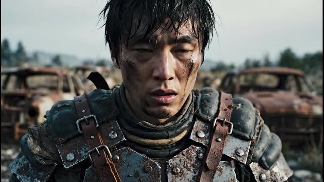 Sole survivor wearing makeshift armor standing in a junkyard filled with rusty cars, cautiously looking for zombies or other dangers in a desolate, post apocalyptic world full of debris