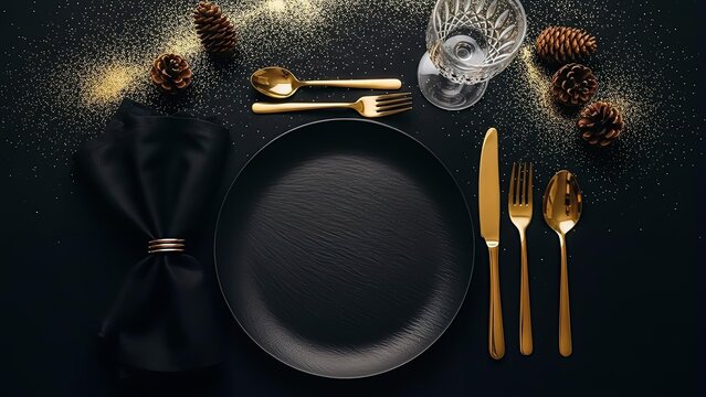 Luxury Black and Gold Table Setting with Glitter Decor