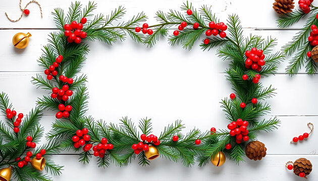 Christmas Holiday Frame with Pine Branches and Red Berries