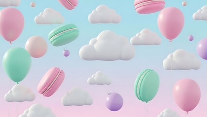 Colorful macarons and balloons floating among clouds in a pastel sky