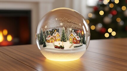 Illuminated snow globe with winter village scene on wooden surface near Christmas tree and fireplace