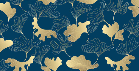 Obraz premium Golden leaves botanical background with modern style elements. Art deco or luxury wallpaper design. For wrapping, tropical vibes and decoration.Hand drawn line design