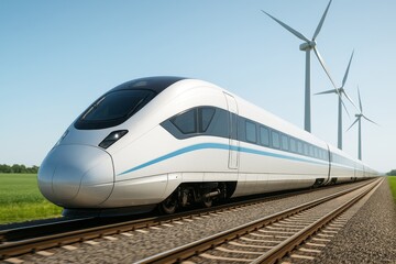 Fototapeta premium Futuristic high-speed train traveling past wind turbines on a clear day with green fields and blue sky in the background. Ai generative. Ai generative