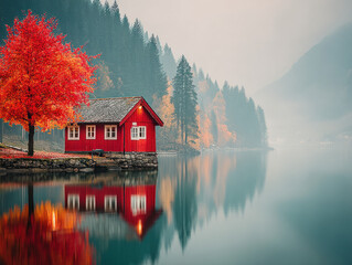 Fototapeta premium Norwegian farm with fjord