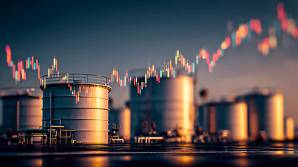 A stock market graph with oil tanks in the background
