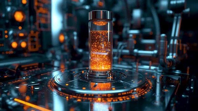 Advanced laboratory chamber with glowing orange fluid container surrounded by futuristic machinery forming a high-tech research setting