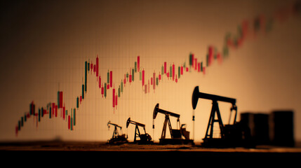 A stock market chart with an oil tank and pump jacks in the background