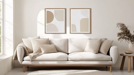 Fototapeta premium Modern living room with a sofa and abstract art on wall featuring natural light