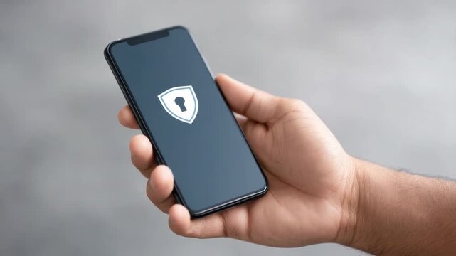 Hand holding smartphone with security shield symbol, representing digital protection and online safety measures 4k video footage