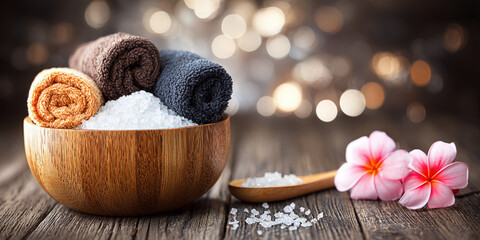 Rolled towels beside a body scrub sauna and spa background