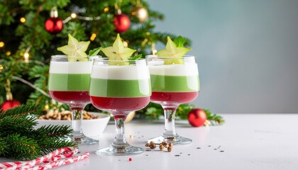 Three glasses of festive layered Christmas jelly dessert in red, green, and white, garnished with star fruit. Holiday treat on a white table with candy canes and a decorated Christmas tree background.