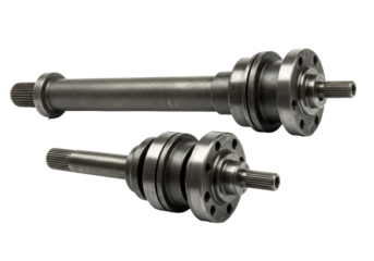 Heavy-duty forged steel propeller shaft components with u-joint and flange, showing industrial wear, isolated on a white background. Automotive engineering concept