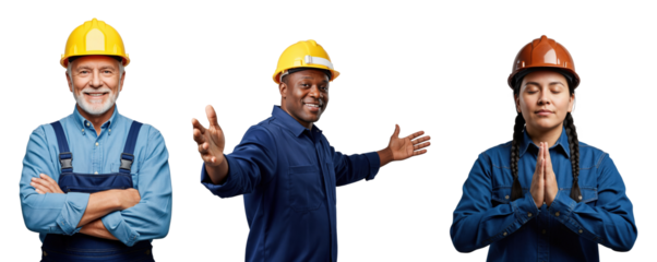 Diverse Group of Construction Workers: A Smiling Senior White Male, Middle-Aged Black Male with Open Arms, and Young Hispanic Female in Hard Hats & Casual Work Attire
