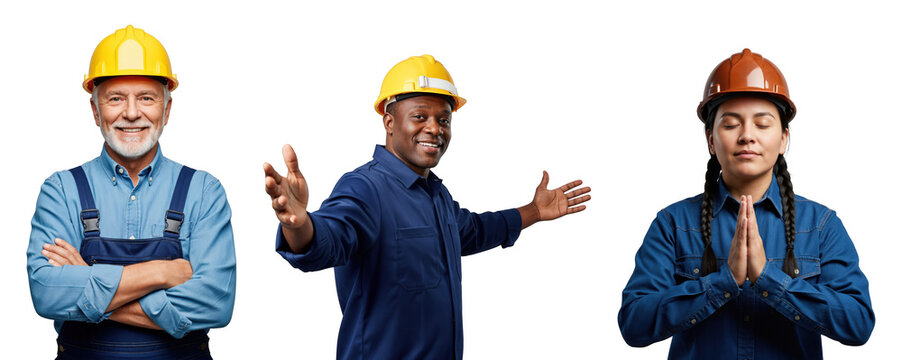 Diverse Group of Construction Workers: A Smiling Senior White Male, Middle-Aged Black Male with Open Arms, and Young Hispanic Female in Hard Hats & Casual Work Attire