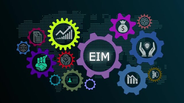 EIM animation video showcasing international standard organization frameworks, global technology networks, and internet-based enterprise data management systems.