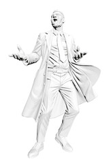 A fashionable man in a white suit and tie stands with arms outstretched against a clean white background. The monochrome portrait has a classic, timeless aesthetic.