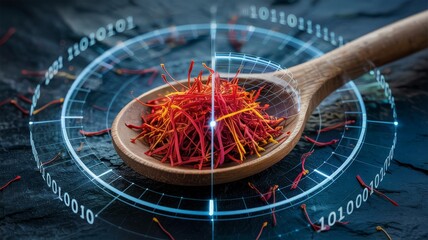 Saffron spice threads on wooden spoon with digital quality analysis overlay
