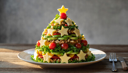 Creative Christmas tree salad appetizer for holiday parties. A healthy and festive dish made with fresh vegetables, lettuce, cherry tomatoes, walnuts, and star-shaped cheese on a wooden table.