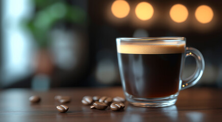 Freshly brewed coffee in a clear glass cup sits on a wooden table, surrounded by scattered coffee beans, creating a warm and inviting atmosphere for coffee lovers