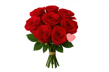 Red roses bouquet with pink heart on transparent background