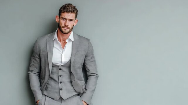 highly attrative gym fit built white man, short brown beard, wearing a fitted 3 piece gray suit with open white fitted button down shirt with the top three bottons open, fancy hair