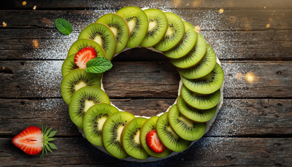 Top view of a delicious homemade kiwi and strawberry fruit tart on a rustic wooden table. This fresh and sweet dessert is decorated with mint leaves and sprinkled with powdered sugar. Gourmet food.