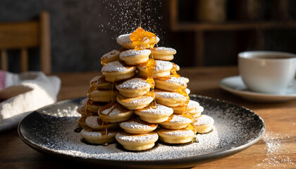 A delicious tower stack of homemade mini cereal pancakes on a dark plate, being drizzled with golden syrup and dusted with powdered sugar. A cozy and sweet breakfast scene on a wooden table.