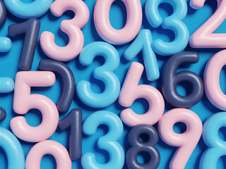 Fototapeta premium Assortment of rounded pastel and dark blue numbers on a blue surface