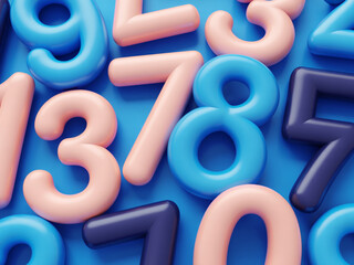 Close-up of various rounded numbers in pink, blue, and dark blue