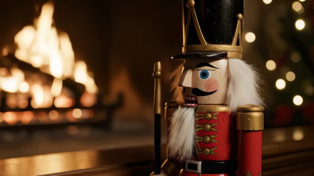 Animated Nutcracker Standing Near Fireplace During the Christmas Holidays