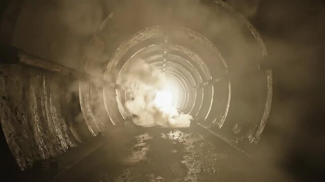 Dark Tunnel with Light and Smoke - This video depicts a view from inside a dark, long tunnel. A bright light shines at the end of the tunnel, obscured by smoke.