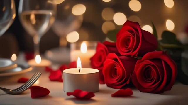 Romantic Valentine&rsquo;s dinner setup, soft candlelight glowing, red roses