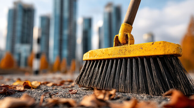 Worker cleaning up debris with a broom on the site - Powered by Adobe
