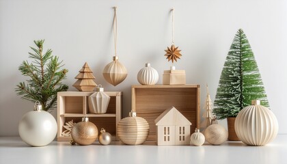 Minimalist Christmas composition with natural wooden decorations, white baubles, and fir tree branches. Scandinavian style holiday still life for festive winter season background or greeting card.