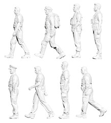 A uniformed policeman in distinct poses, holding a pistol against a stark white background. The black and white image highlights the details of his special forces uniform. Side view