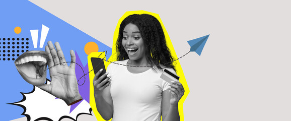 In a dynamic collage, a cheerful woman is seen smiling while holding a smartphone and a card....